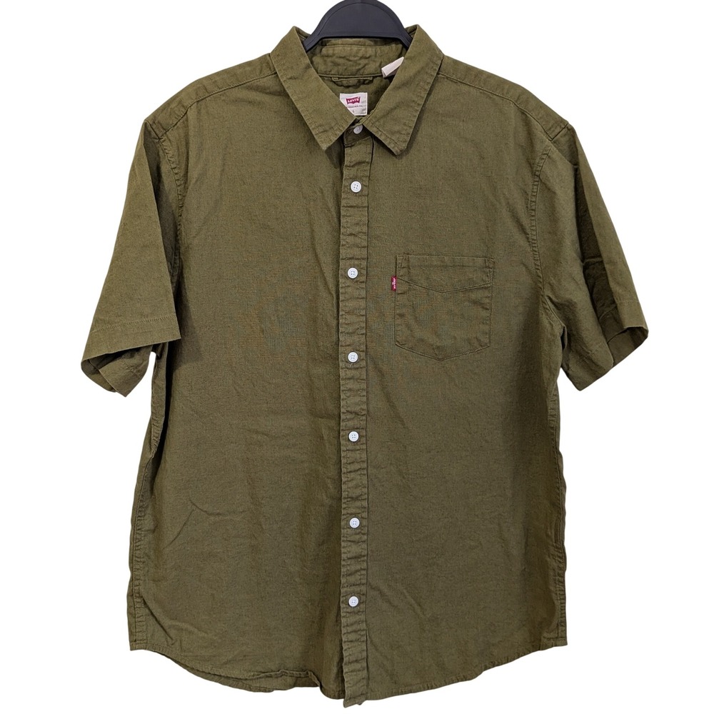 Levi's Short Sleeve Shirt L Olive Cotton Linen Button-Up One Pocket Classic